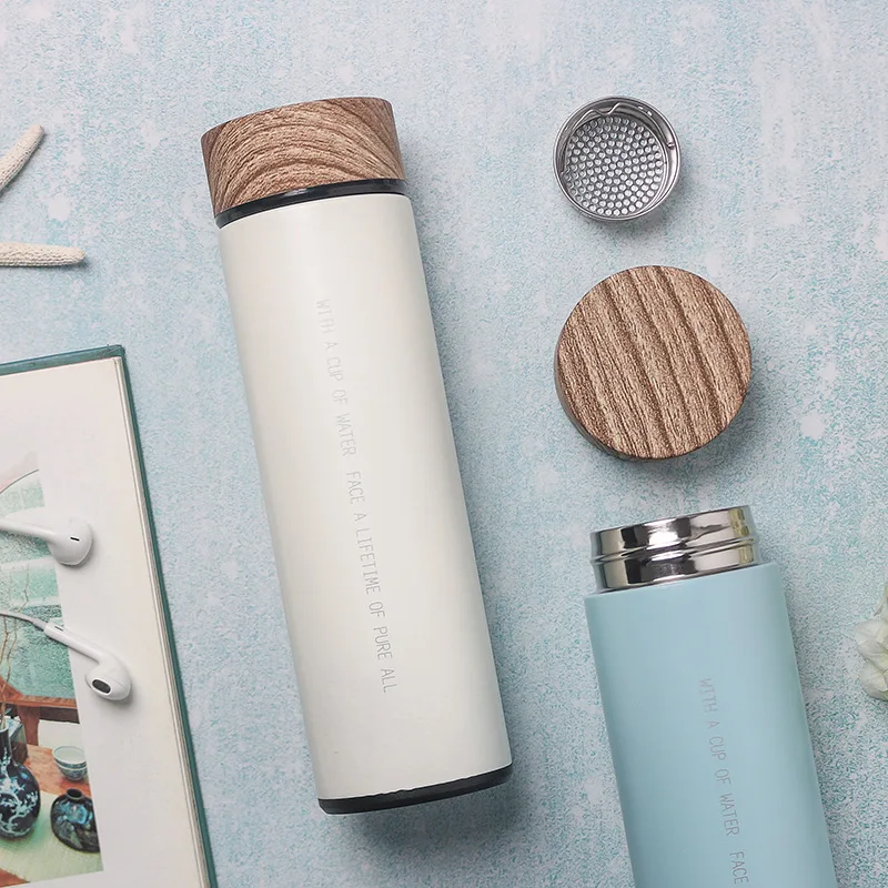 

Balleenshiny 420ml Korean English Letter Water Bottle Wood Grain Mug Simple Cup Male and Female with Tea Separated Water Cup