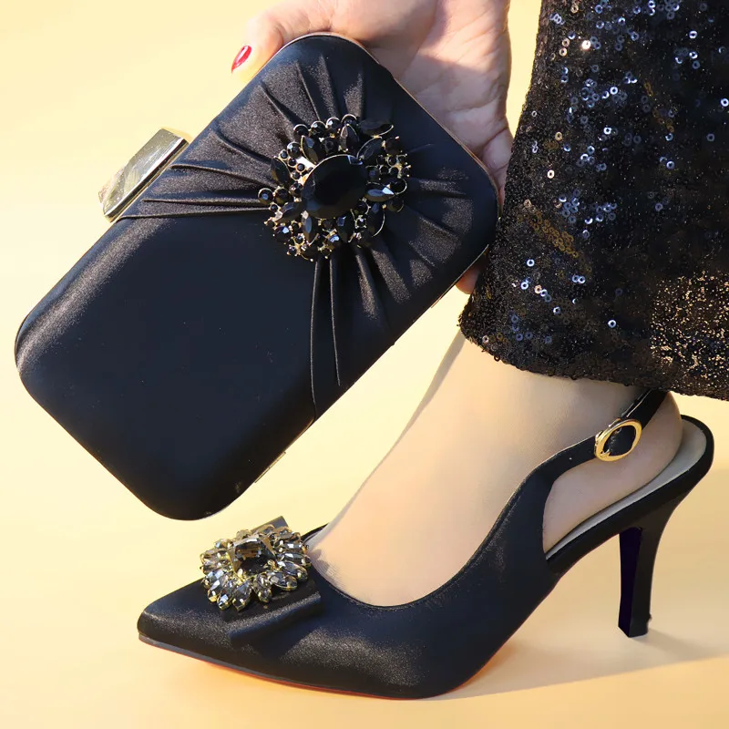 

2019 New black color Italian Shoes With Matching Bags African Women Shoes and Bags Set For Prom Party Summer Sandal