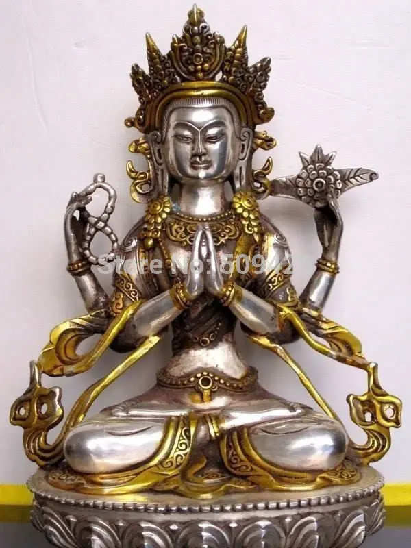 

ShippingTibet Buddhist Four-armed guanyin buddha bronze gilt statue