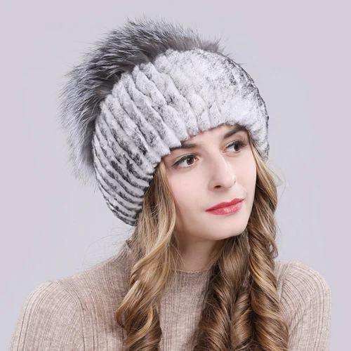 Outdoor Women Warm Soft Genuine Rex Rabbit Fur Hat Knitted Natural Real Sliver Fox Fur Caps Winter Real Rabbit Fur Beanies Hats - Цвет: color 15