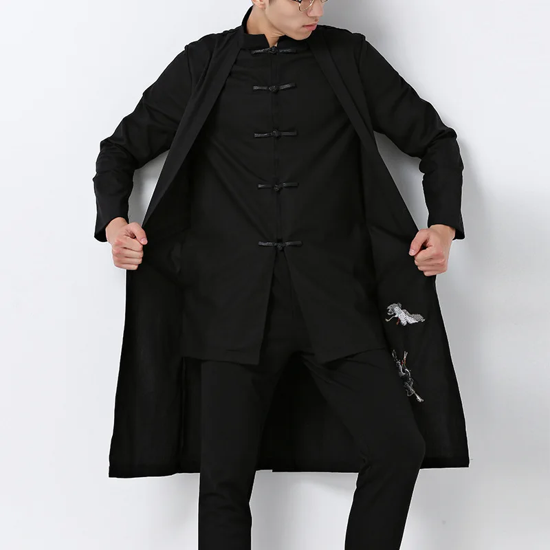 

New Cotton Linen Vintage Men Trench Coat Long Sleeve Casual Cardigan Solid Color Chinese Style Men Windbreaker Outerwear Clothes