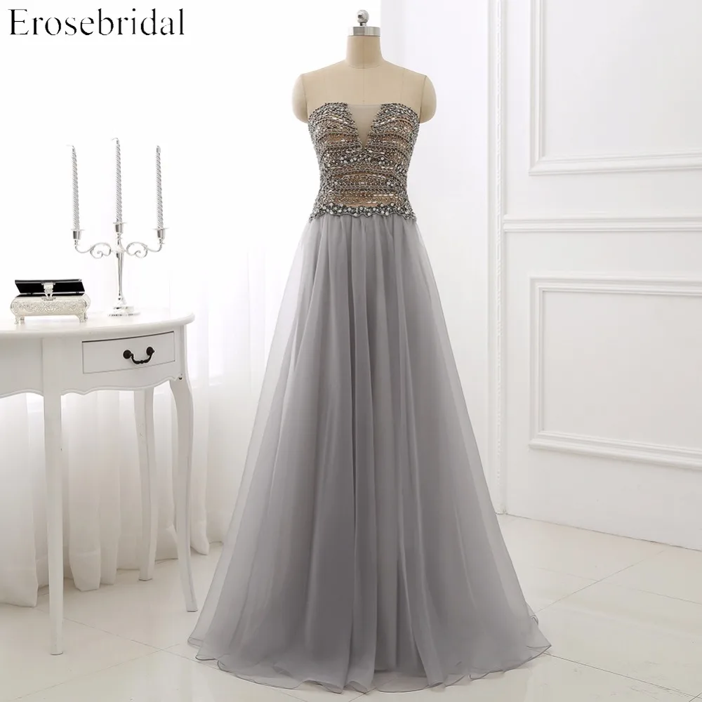 

New Arrival A Line Chiffon Beading Gray Evening Dress Strapless Off The Shoulder Lace-Up Back Prom Party Dress WYE111