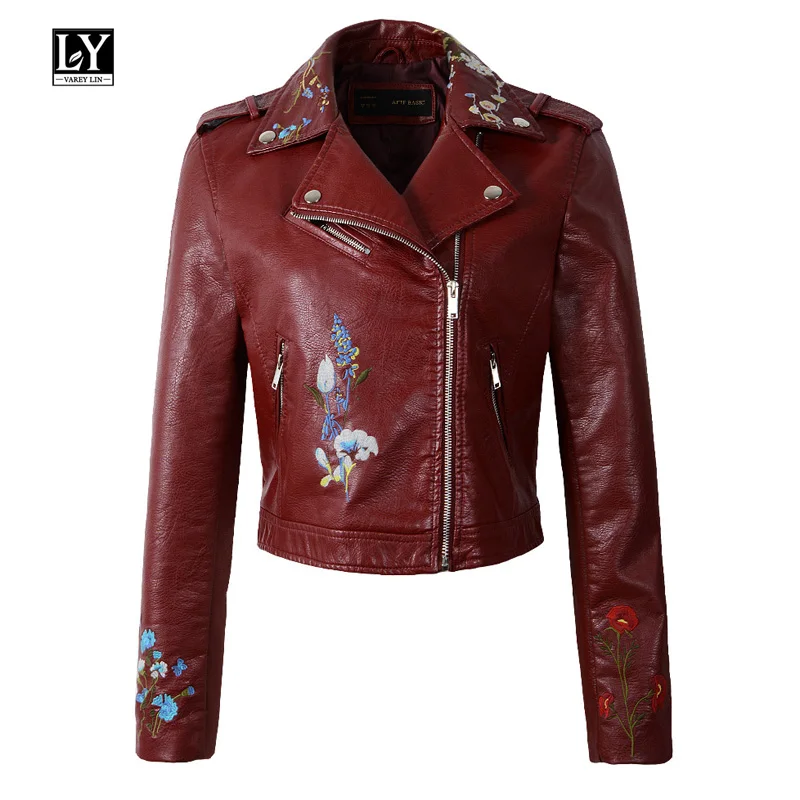 Ly Varey Lin New Women font b Slim b font Pu Faux Soft Leather Jacket Embroidery