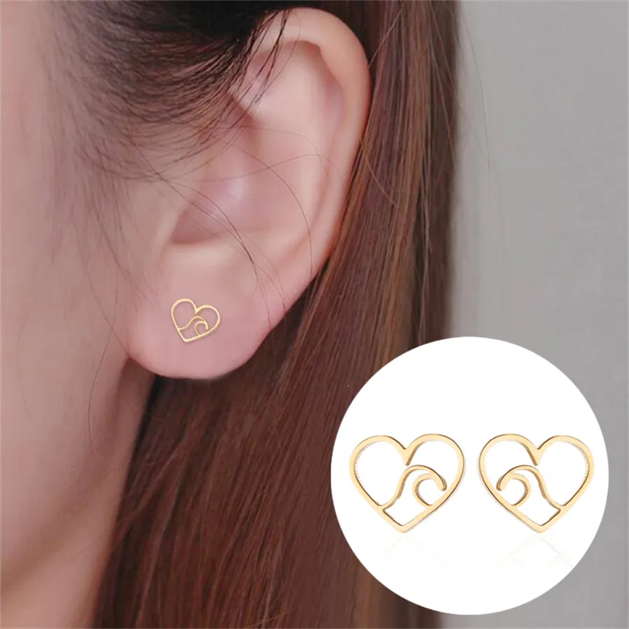 

Oly2u Women Ocean Heart Wave Earrings Stainless Steel Earring Fashion Ocean Ear Jewelry Wave Gold Stud Earrings brincos