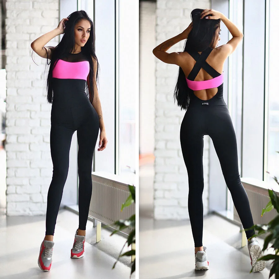 Женский комбинезон, цельный костюм для йоги, спортивный костюм с открытой спиной, трико для фитнеса, комбинезоны, боди для тренировок, длинные штаны, комбинезон - Цвет: Rosy