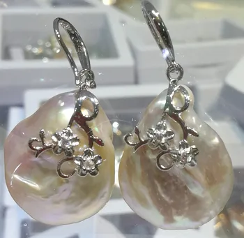 

Woman Jewelry 16mm white pink purple baroque Pearl rhinestone silver flower dangle Hook Earrings Real Natural Freshwater pearl
