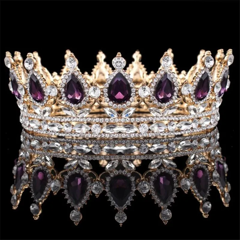Gold Purple Трендовая Великолепная большая диадема 14 см в стиле барокко с кристаллами, королевская диадема, свадебная диадема, украшение для волос, свадебный головной убор - Окраска металла: Gold Purple