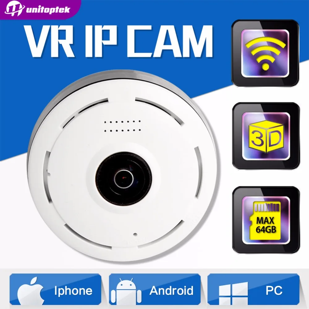 

UNITOPTEK 1080P IP Camera Wireless WIFI Video Surveillance Home Security Surveillance Mini WI-FI Camera 180 Degree VR IP Cam