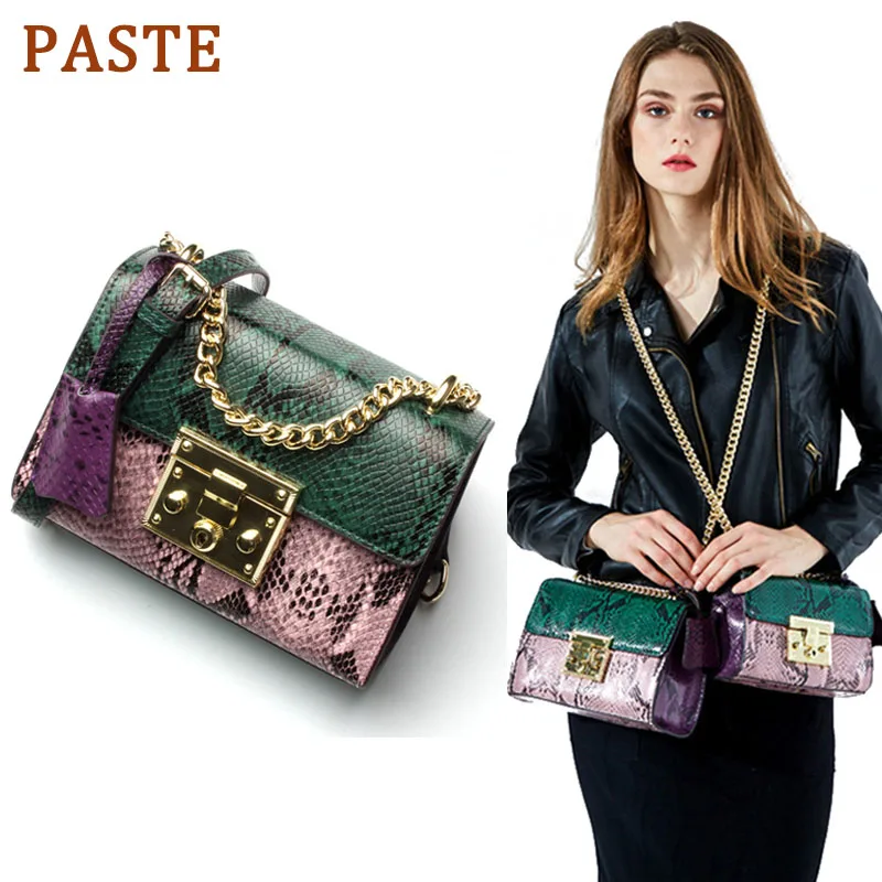 

PASTE Fashion Luxury Women Handbag Shoulder Bag Genuine Leather Serpentine Panelled Ladies Crossbody Messenger Bag Chain Purse