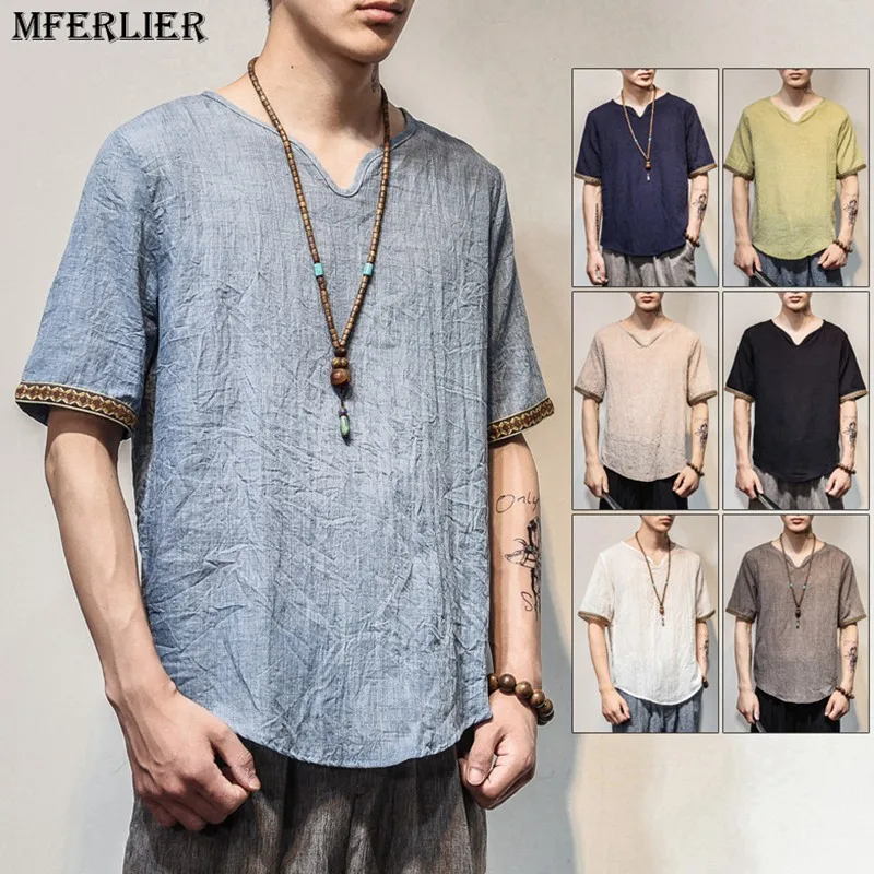 MFERLIER-quality-sense-Men-Casual-Linen-t-shirts-summer-short-sleeve-Chinese-style-plus-size-big