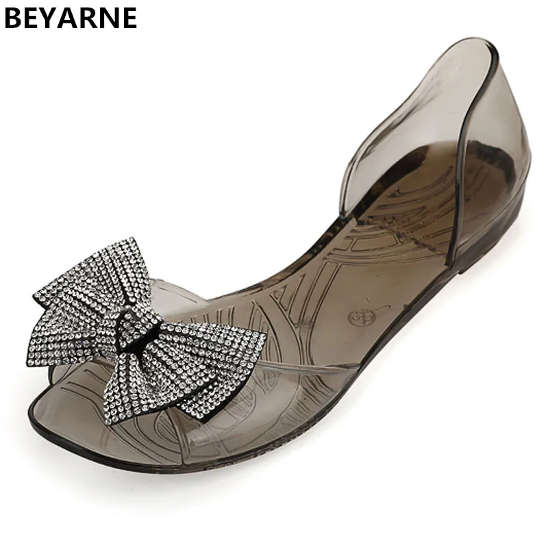 

BEYARNE korean style woman summer flats transparent jelly rain shoes Lady students summer beach sandals fish mouth rhinestone 40