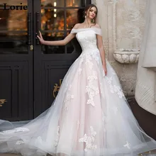 LORIE Light Pink Princess Wedding Dress Off The Shoulder Appliqued Lace Bride Dress A-Line Tulle Lace Up Back Boho Wedding Gown off the shoulder lace up dress