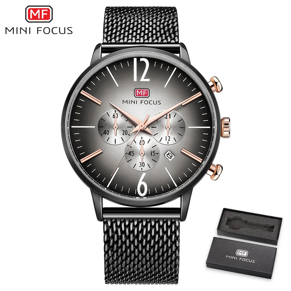 

MINI FOCUS Fashion Watch Men Waterproof Chronograph Sport Quartz Clock Mesh Strap Calendar Wristwatches Relogio Masculino 2019