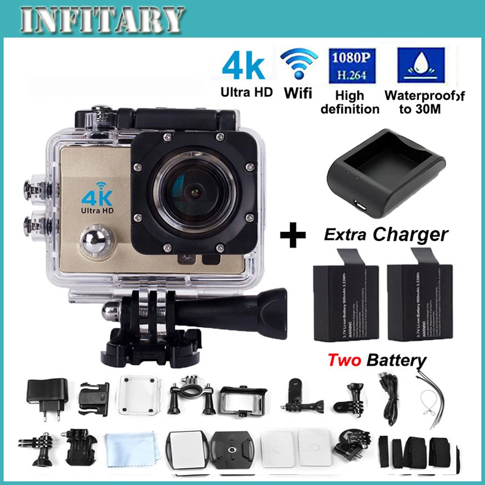  2 Battery + charger Sports camera WIFI 4K ultra 2.0 inch 16MP 4k HD DV 170 degree 30M waterproof action Cam  free shiping 