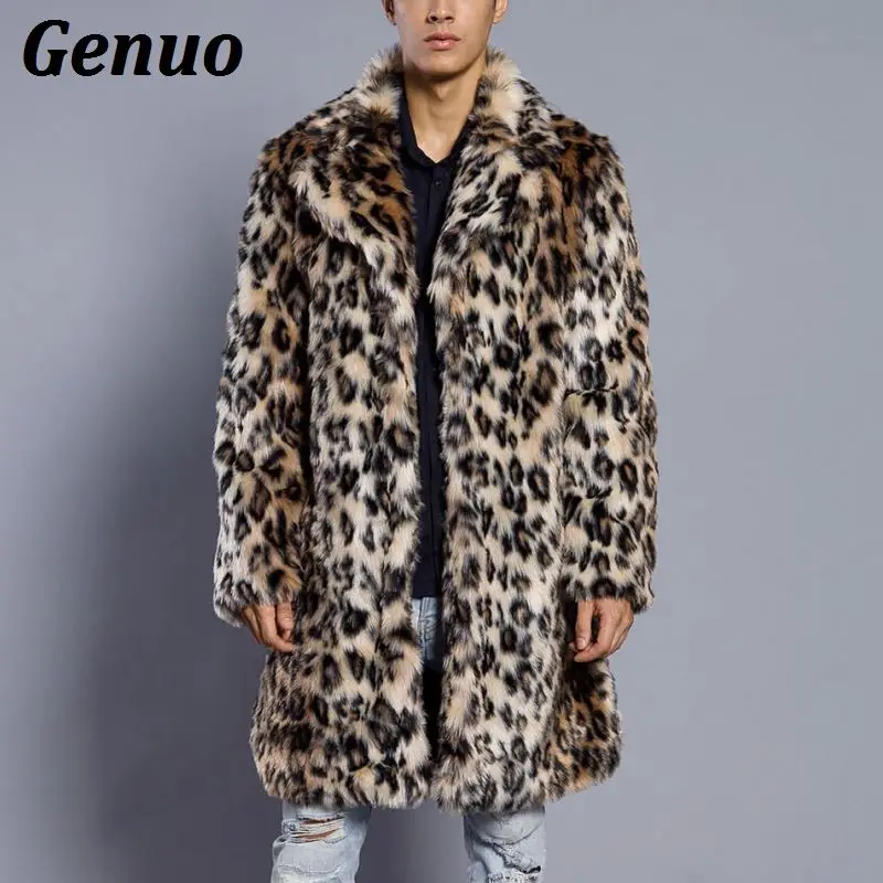 Genuo, мужское пальто с мехом с леопардовым принтом, зимняя верхняя одежда, плотное пальто, мужская повседневная парка, куртки, теплые длинные пальто, уличная одежда