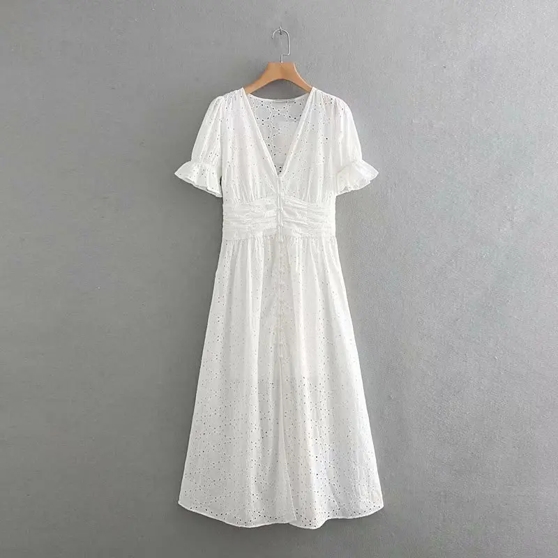 

2019 Summer Women Embroidery Maxi Dress Sexy V Neck Flare Sleeve Long Dress A-Line Cotton White Hollow Out Casual Dress