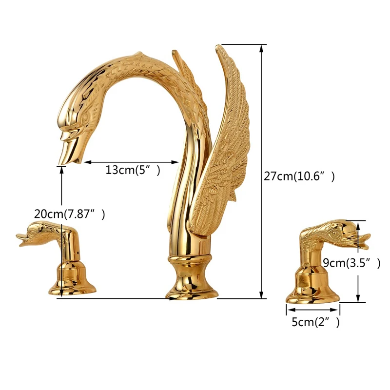 Golden Swan Shape Basin Tap Dual Handle Deck Mount Bathroom Faucet Solid Copper Golden Finish