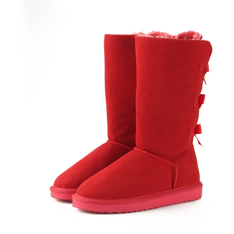 HABUCKN/ г. Модные женские высокие сапоги зимние сапоги из натуральной коровьей кожи зимние ботинки с бантом теплые высокие зимние сапоги США 3-13 - Цвет: Red