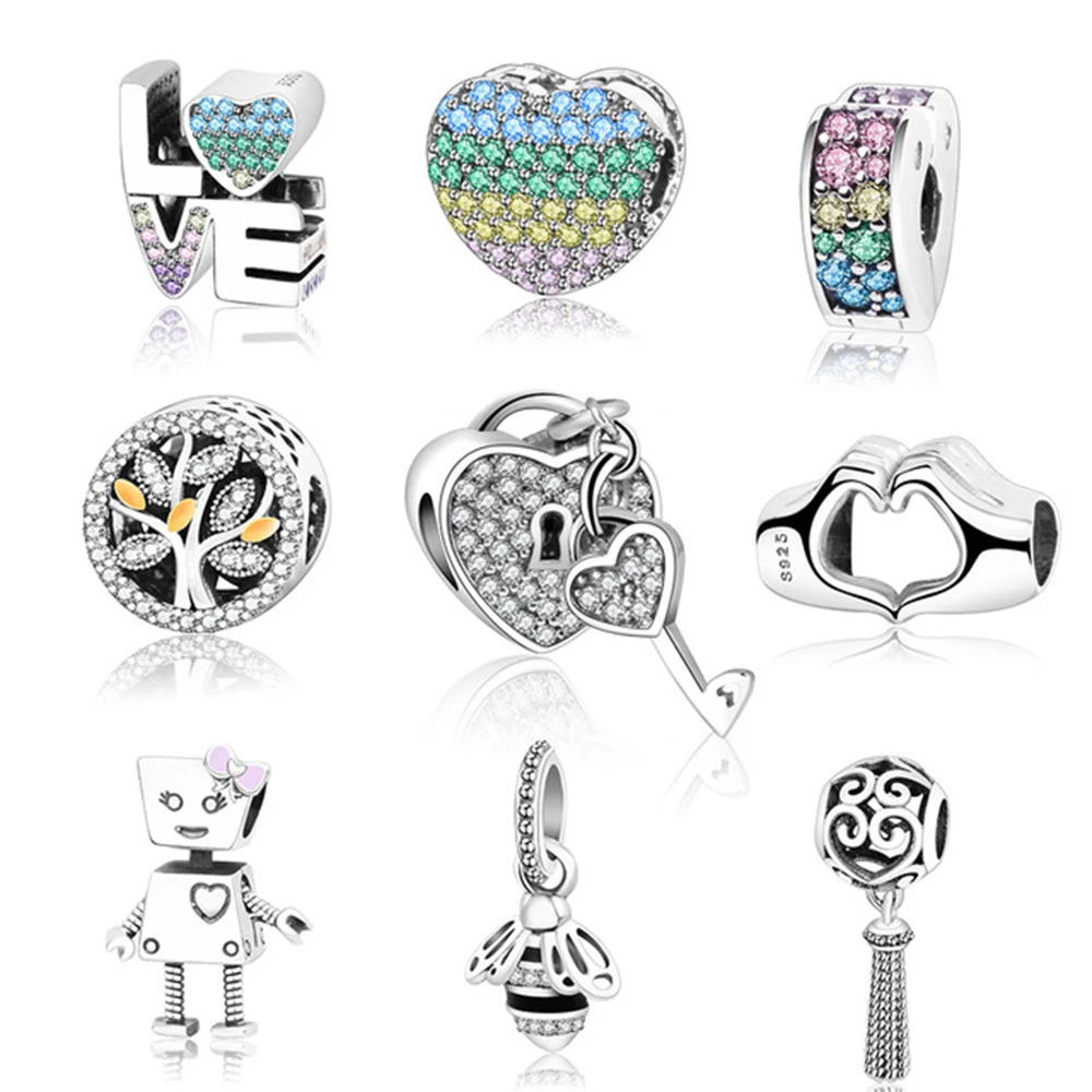 

Fit Original Pandora Charms Bracelet 925 Sterling Silver Beads Charm Love Heart Robot Bee Family Tree DIYJewelry Gift Berloque