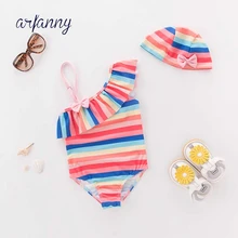 Цельный купальный костюм для девочек в радужную полоску+ шляпа; пляжный купальный костюм; детский популярный весенний купальный костюм