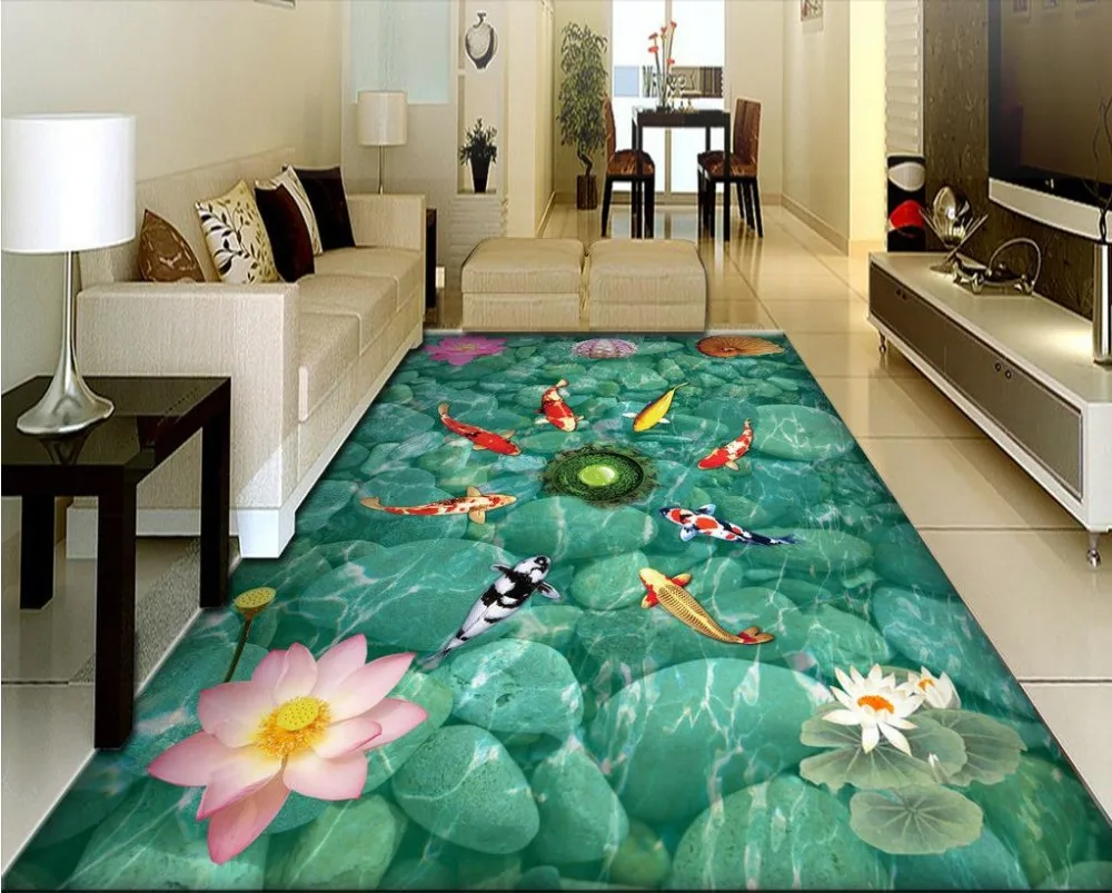 Custom font b 3D b font flooring wallpaper pink lotus font b vinyl b font flooring