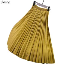 LXUNYI Женская замшевая юбка длинные плиссированные юбки весна осень яркие цвета эластичная талия высокая талия элегантная юбка
