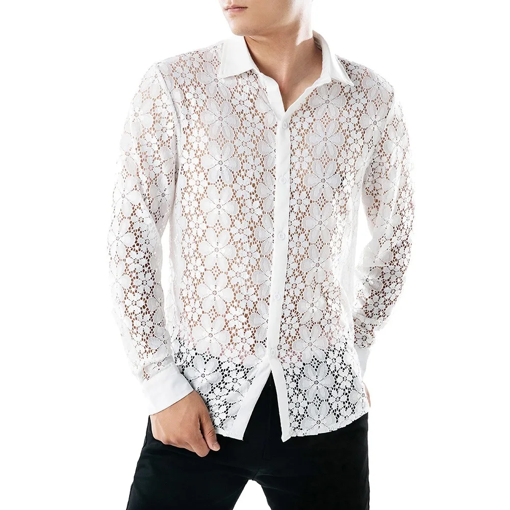 Черный, белый цвет Кружевная рубашка Для мужчин 2019 Весна Slim Fit с длинным рукавом мужская одежда рубашки ночной клуб Пром сексуальные