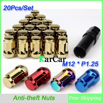

20Pcs/Set Wheel Nut 1.25 7Star Design Car Anti theft Nuts Gold, M12 x 1.25 Wheel Lock Formula Lug Nuts Security Key Alloy Steel