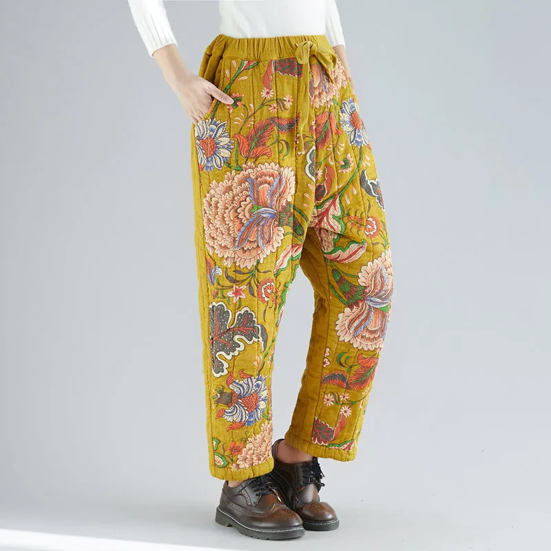 Johnature Брендовые женские плотные прямые брюки с цветочным принтом желтые брюки зимние новые винтажные теплые женские брюки с эластичной резинкой на талии