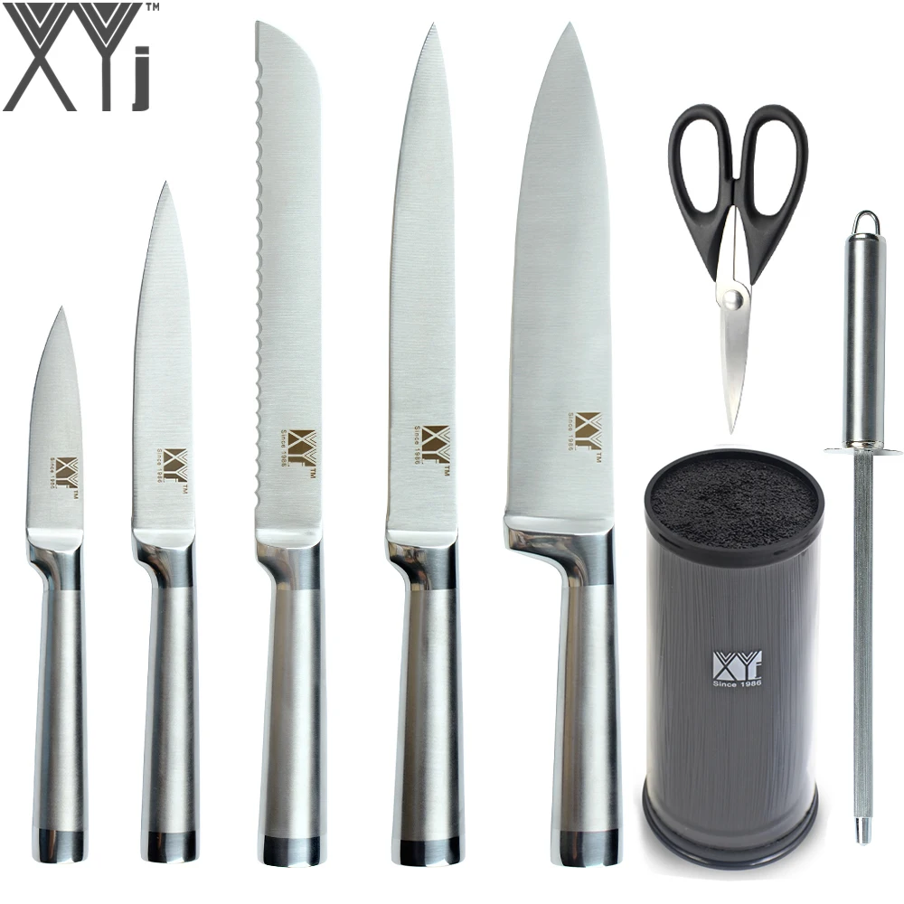 

XYj Seamless Welding Kitchen Knives Sharp Stainless Steel Knives + Knife Stand + Sharpening Bar + Scissor Durable Cooking Tools