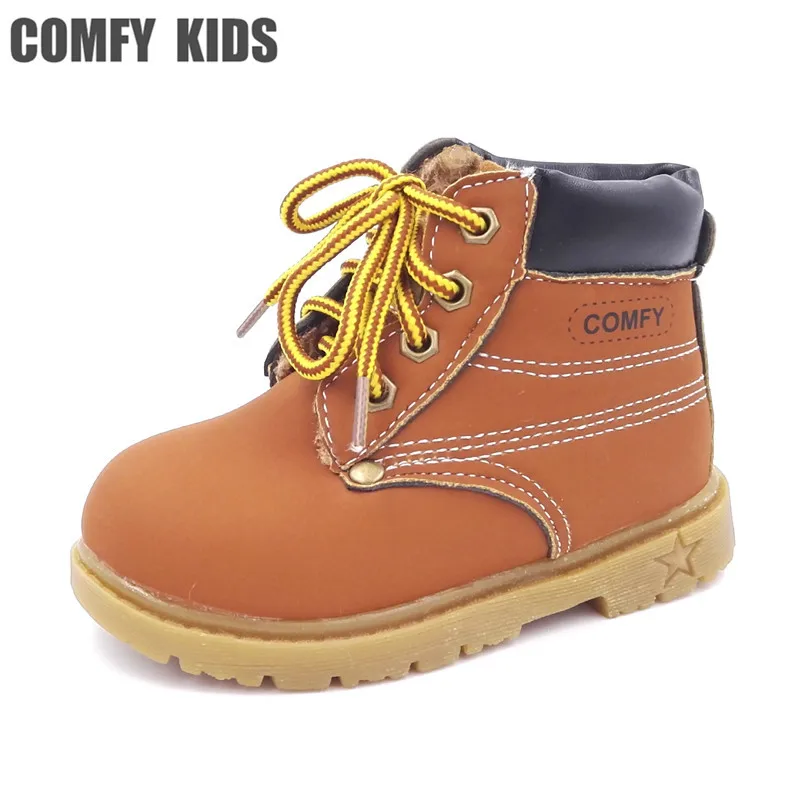 Удобные детские модные осенне-зимние ботинки для мальчиков и девочек; Мягкие плюшевые теплые ботинки на плоской подошве; детская обувь; размеры 21-30