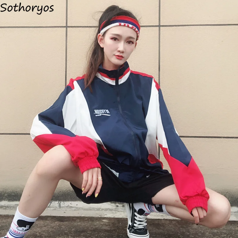 Женские куртки с буквенным принтом и стоячим воротником, Свободные корейские стильные куртки в стиле Харадзюку, Женская Лоскутная куртка в стиле хип-хоп для студентов
