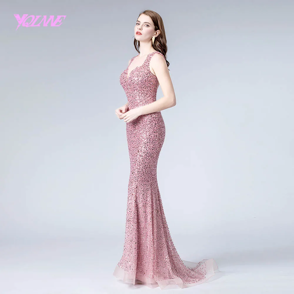 Розовые Кристаллы Русалка отделка бисером вечернее платье длинное вечернее платье платья вечерние YQLNNE