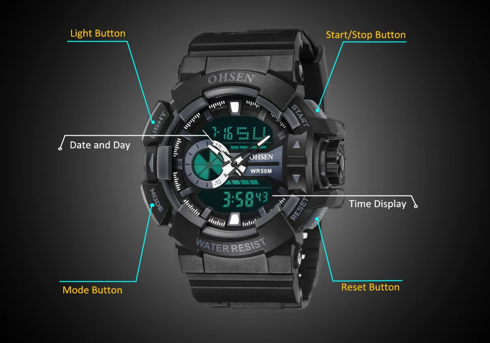 Новое поступление OHSEN Цифровые кварцевые мужские модные спортивные наручные часы для мальчиков, 50 м, резиновый ремешок для дайвинга, белые часы для активного образа жизни, ручные часы