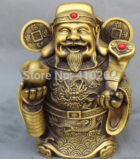 

11" Chinese Bronze Dragon Head Happy Mammon Money God Hold YuanBao RuYi Statue discount 30%