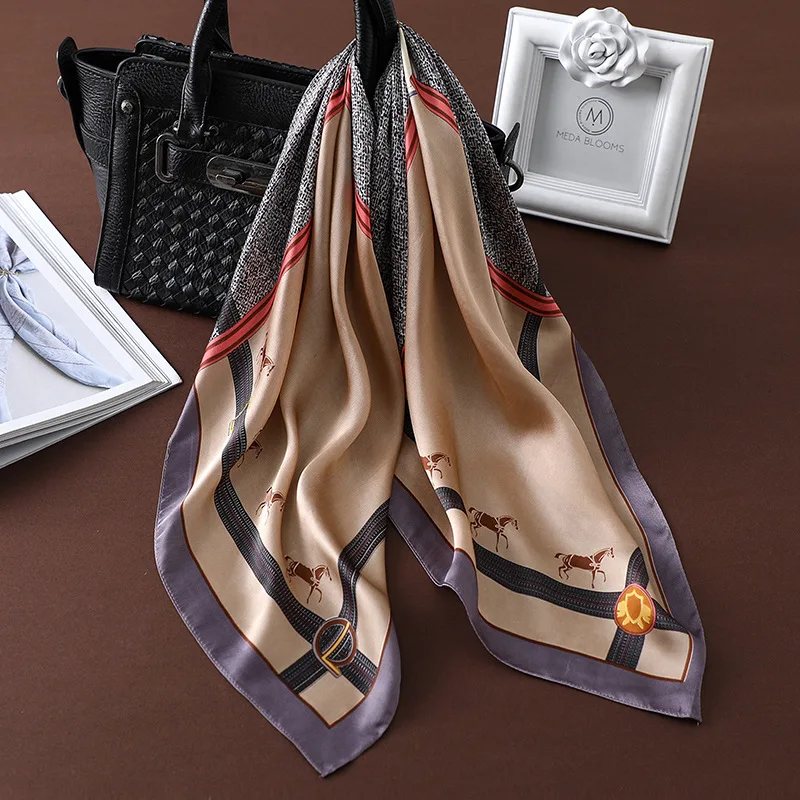 Женский шелковый шарф, роскошный бренд с принтом лошади, квадратный шейный платок, женский платок, повязка на голову, большой платок, мода - Цвет: FJ175-Khaki