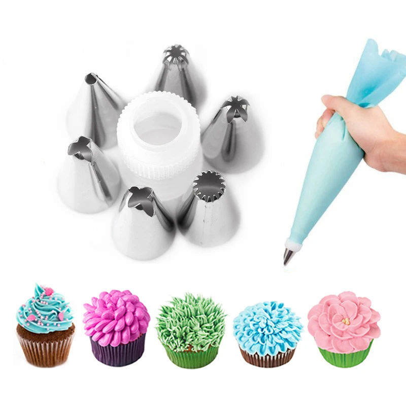 

8Pcs/set Stainless Steel Pastry Nozzles Tube Tips w/ Silicone Icing Piping Bags Nozzles Adaptor Cake Dessert Decor Baking Tools