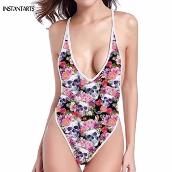 

INSTANTARTS Punk Radiologist Skull Print Woman One Piece Swimsuit Sexy Deep V Neck Bathing Swimming Wear Beach Push Up Monokini
