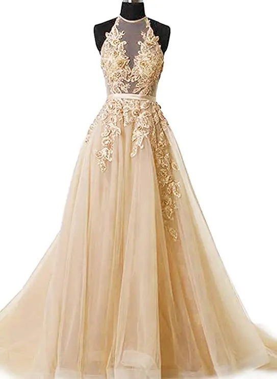 Robe De Soiree, с аппликацией, сексуальные, с открытой спиной, длинные, вечерние платья, для невесты, для банкета, элегантные, длина до пола, женские, вечерние, на выпускной, с бретелькой через шею - Цвет: Champagne