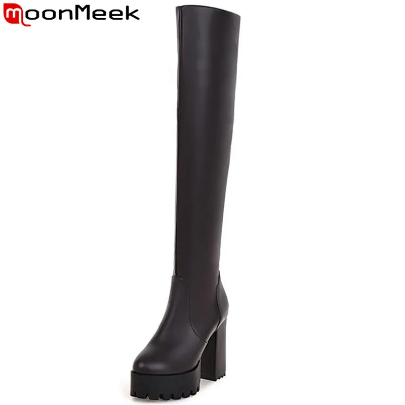 

MoonMeek suit women boots knee high comfortable concise high quality round toe square heels slip-on winter patent pu leather