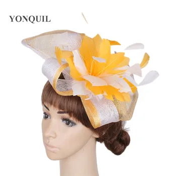 

sinamay Fascinator Headwear White and Yellow Ladies Gauze Flower Hair Clip Cocktail Party red Fascinator Hat 21colors for select