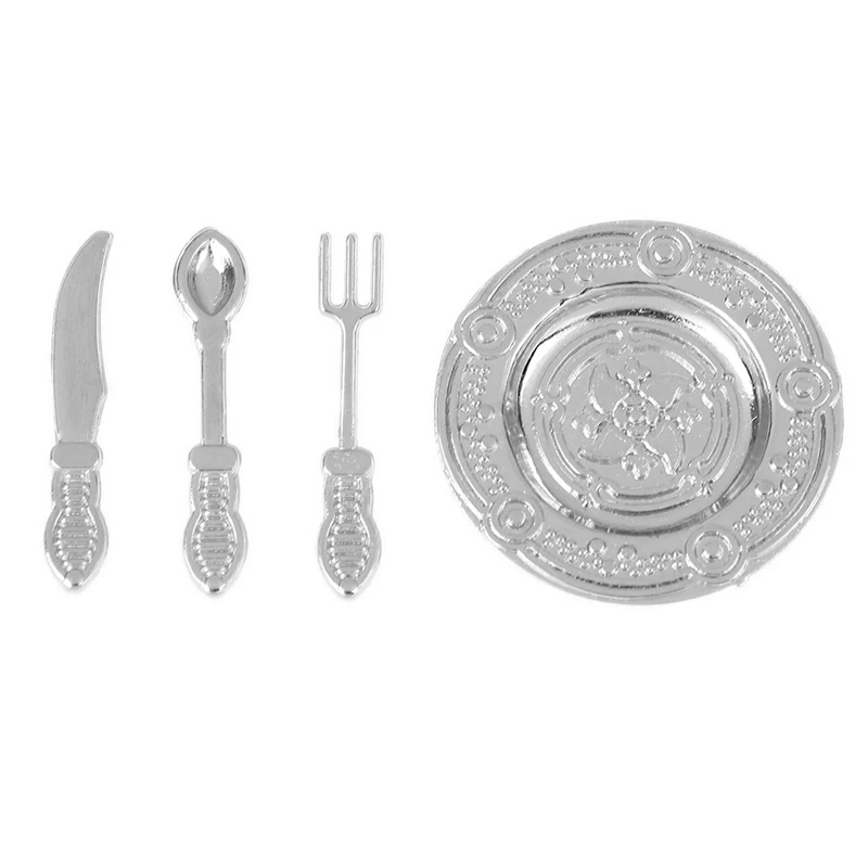 

4Pcs/Set 1:12 Miniature Vintage Silverware Set Knife Spoon Fork and Dish Flatware Dollhouse Kitchen Accessories