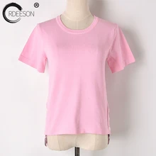 ORDEESON футболка Для женщин s Костюмы и пуговицы в радужную полоску уличной розовый черный Лето Повседневное футболка Для женщин футболка в Корейском стиле топ