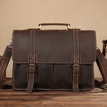 

Briefcase Business Bag Leather Crazy Horse Leather Double Buckle Multi-function Men's Shoulder Portable Laptop Bag Briefcase