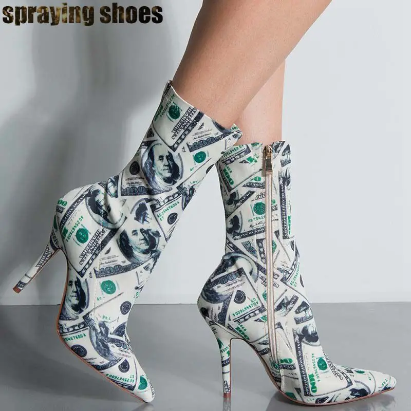 

Fashion Dollar Print Winter Women Pointed Toe High Heels Ankle Boots With Zip Big Size 11