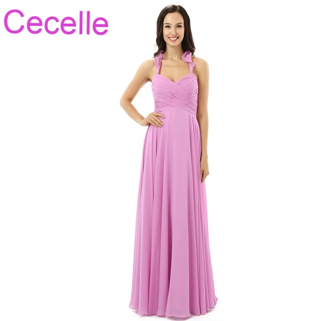 Hot Pink Chiffon Long Beach Bridesmaid Dresses Halter A Line Floor Hot Pink Chiffon Long Beach Bridesmaid Dresses Halter A Line Floor Length Pleats Corset Back
