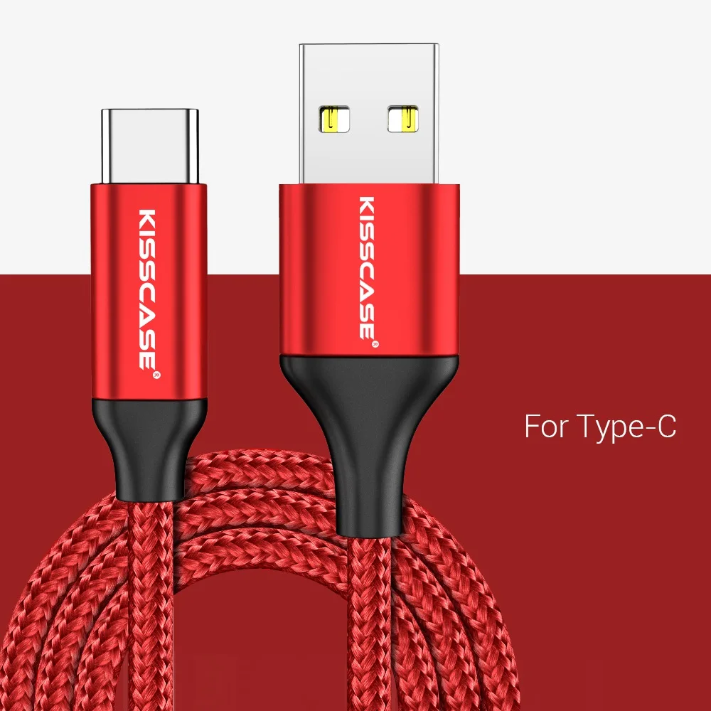 KISSCASE usb type-C кабель для samsung S9 S10 Note 9 S8 1 м тканый 3а кабель для передачи данных USB-C для huawei P20 Xiaomi A2 шнур зарядного устройства для телефона - Цвет: Красный