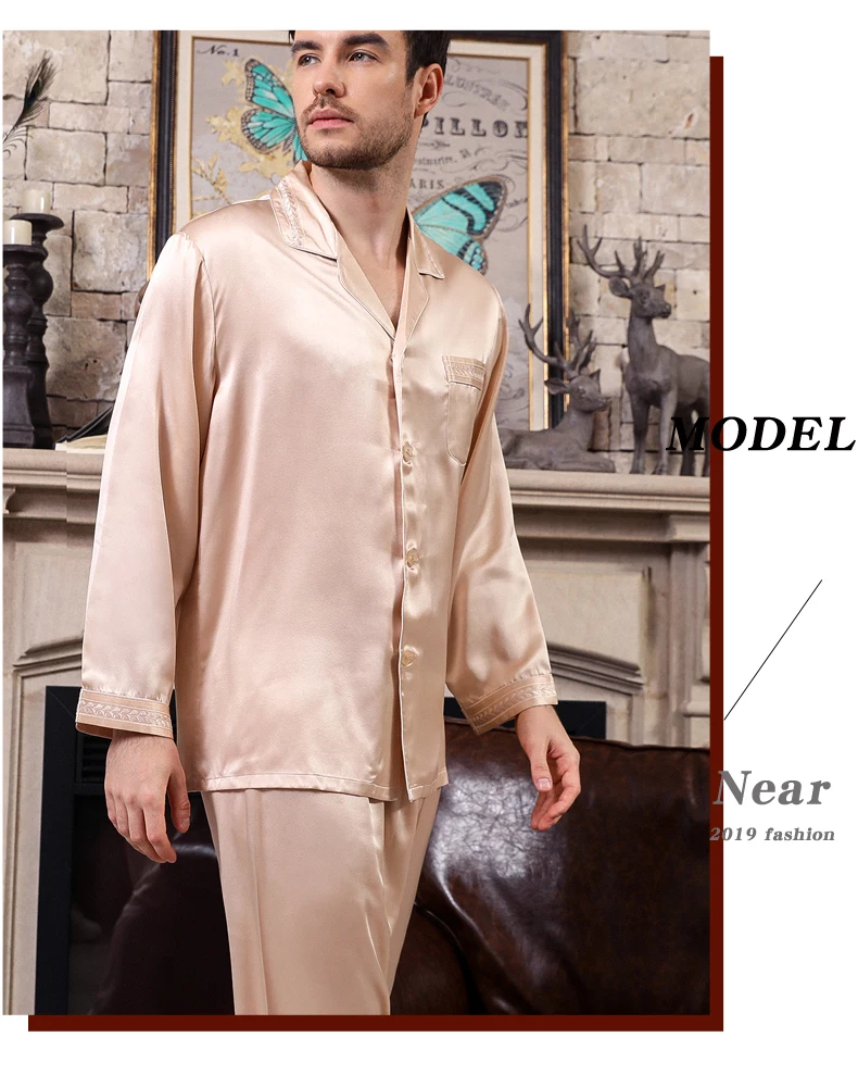 2019 элегантность новый 100% шелк тутового мужские пижамы наборы с длинным рукавом сплошной цвет мужской модная Пижама благородный чистый