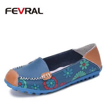 

FEVRAL Women Casual Shoes Genuine Leather Boat Comfortable Soft Gommino Flat Ventilation Fashion Printing Shoes Woman 4 Color