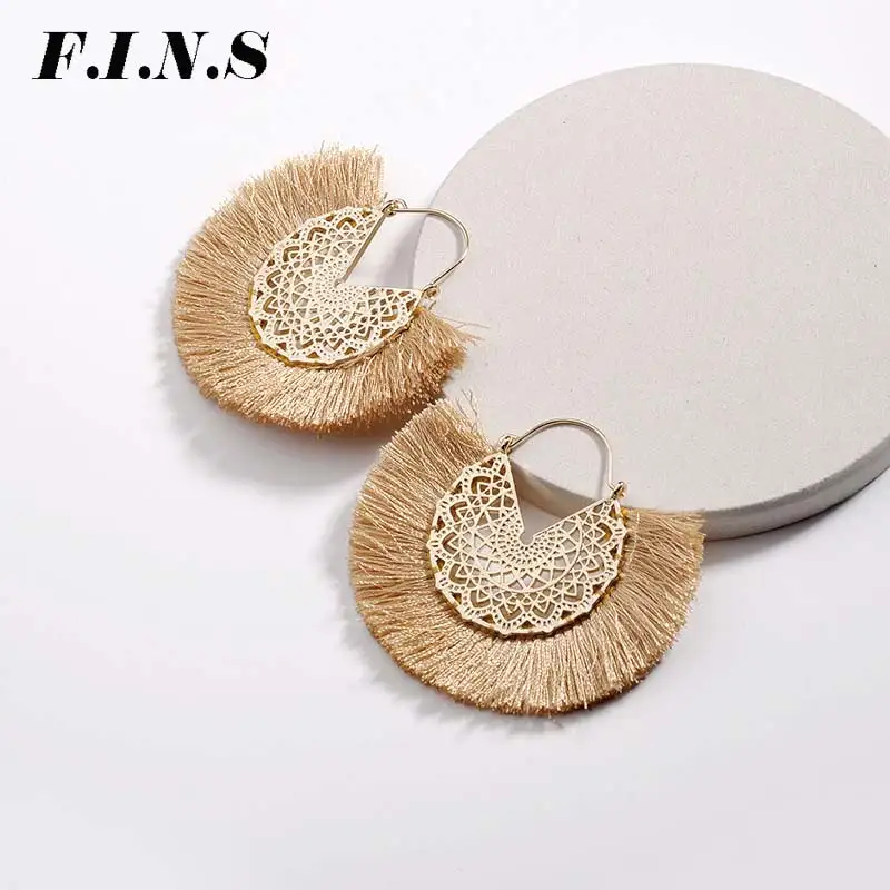 

F.I.N.S 2018 Fashion Earrings Fan-Shaped Hollow Flower Metal Fringed Tassel Statement Earrings for Women Ethnic Bohemia Jewelry